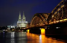 Night view of the Hohenzollern Bridge over the Rhine, Cologne, Germany, 2018. Creator: LTL