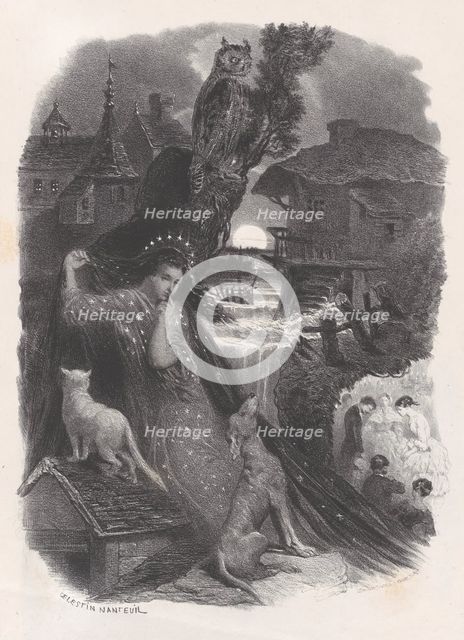 Night; vignette of girl in 18th century costume picking roses on verso, ca. 1830-65. Creator: Célestin Nanteuil.