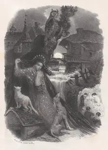 Night; vignette of girl in 18th century costume picking roses on verso, ca. 1830-65. Creator: Célestin Nanteuil