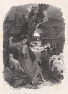 Night; vignette of girl in 18th century costume picking roses on verso, ca. 1830-65. Creator: Célestin Nanteuil