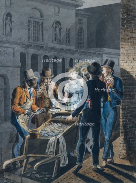 Nightlife in Philadelphia—an Oyster Barrow in front of the Chestnut Street Theater, 1811-ca. 1813. Creator: Attributed to John Lewis Krimmel (1786-1821).