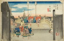 Nihon Bridge: Morning Scene (Nihonbashi, asa no kei), from the series "Fifty-three..., c. 1833/34. Creator: Ando Hiroshige