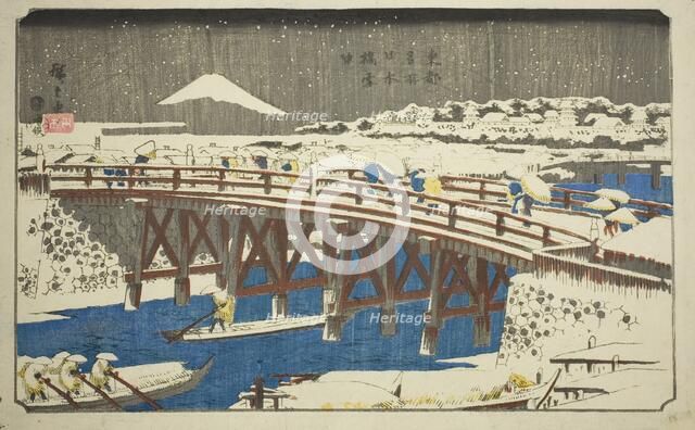 Nihon Bridge in Snow (Nihonbashi setchu), from the series "Famous Places in the Eastern...c.1842/44. Creator: Ando Hiroshige.