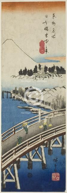 Nihon Bridge seen in the Snow (Nihonbashi setchu no kei), from the series "Famous..., 1837/38. Creator: Ando Hiroshige.