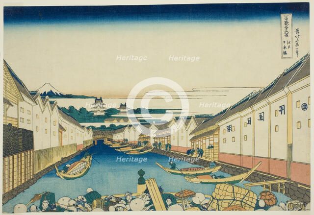 Nihonbashi Bridge in Edo (Edo Nihonbashi), from the series "Thirty-six Views of Mount..., c.1830/33. Creator: Hokusai.