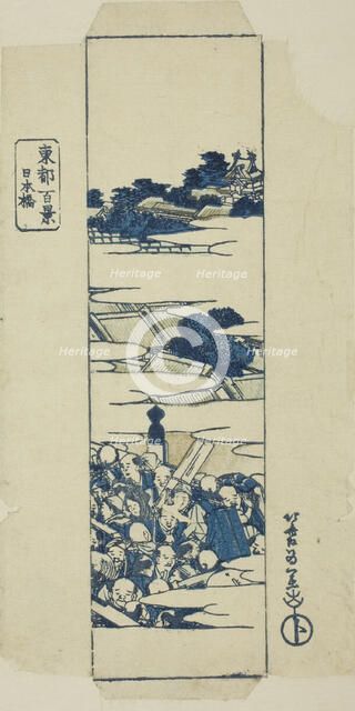 Nihonbashi Bridge, wrapper for the series "One Hundred Views of the Eastern Capital..., early 1830s. Creator: Hokusai.