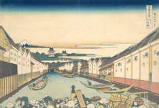 Nihonbashi in Edo (Edo Nihonbashi), from the series Thirty-six Views of Mount Fuji ..., ca. 1830-32. Creator: Hokusai