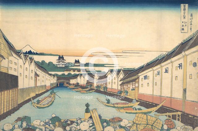 Nihonbashi in Edo (Edo Nihonbashi), from the series Thirty-six Views of Mount Fuji ..., ca. 1830-32. Creator: Hokusai.