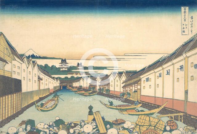 Nihonbashi in Edo (Edo Nihonbashi), from the series Thirty-six Views of Mount Fuji ..., ca. 1830-32. Creator: Hokusai.