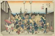 Nihonbashi: Procession Departing (Nihonbashi, gyoretsu furidashi), from the series..., c. 1833/34. Creator: Ando Hiroshige