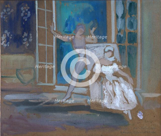 Nijinsky and Karsavina in the ballet Le Spectre de la Rose, 1911. Artist: Bakst, Léon (1866-1924)