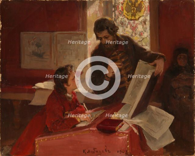 Nikita Zotov teaches young Peter I, 1902. Artist: Lebedev, Klavdi Vasilyevich (1852-1916)