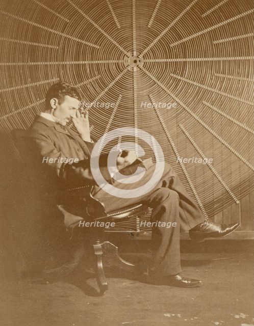 Nikola Tesla and his spiral oscillating transformer, 1896. Creator: Anonymous.