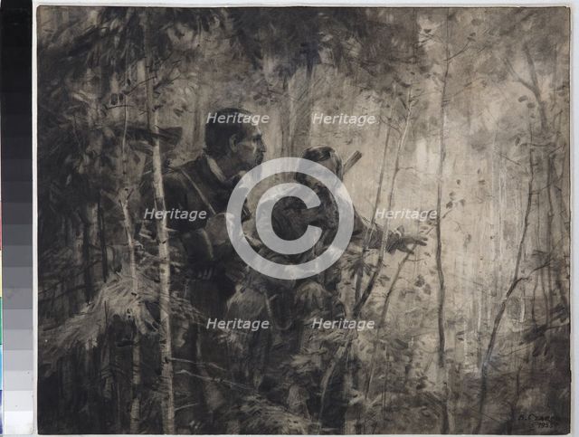 Nikolay Nekrasov with Gavrila Zakharov at hunting, 1955.