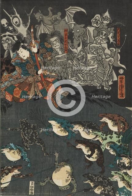 Nikushi the Frog Spirit Conjures up a Magical Battle of Frogs at Tateyama in Etchu Province, 1864. Artist: Utagawa Yoshitora.