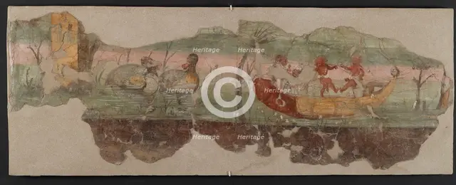 Nilotic landscape scene with pygmies and phallic boat, 1st century. Creator: Roman-Pompeian wall painting.