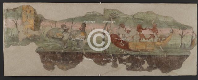 Nilotic landscape scene with pygmies and phallic boat, 1st century. Creator: Roman-Pompeian wall painting.