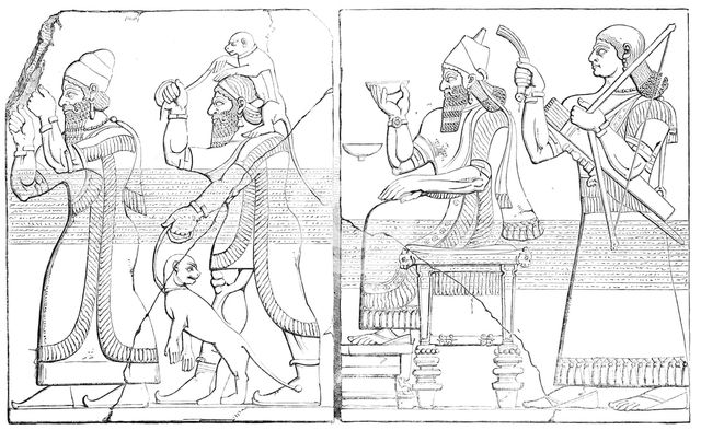 Nimroud Sculptures at the British Museum - Tribute Bearers; Assyrian King and Sword-Bearer, 1850. Creator: Unknown.