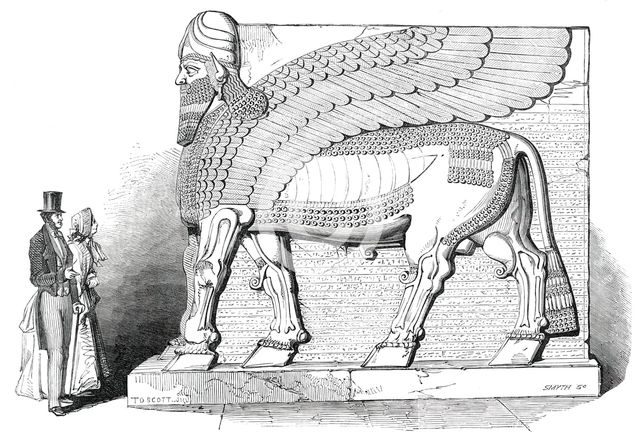 Nimroud Sculptures Just Received at the British Museum - Human-Headed and Eagle-Winged Bull, 1850. Creator: Smyth.