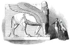 Nimroud Sculptures Just Received at the British Museum - Human-Headed and Winged Lion, 1850. Creator: Smyth