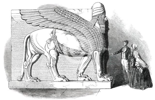 Nimroud Sculptures Just Received at the British Museum - Human-Headed and Winged Lion, 1850. Creator: Smyth.