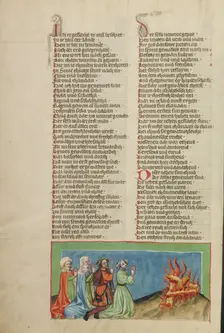 Nimrod and his Companions Venerating Fire; Weltchronik, about 1400-1410. Creator: Unknown
