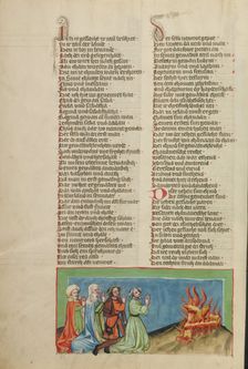 Nimrod and his Companions Venerating Fire; Weltchronik, about 1400-1410. Creator: Unknown