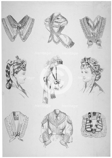 Nine vignettes of collars, hats and bodices, 1872. Artist: Anon