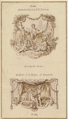 Nine Children Listening to a Girl Tell a Story; A Boy Handing a Purse to a Girl Seated..., c. 1757. Creator: Hubert Francois Gravelot