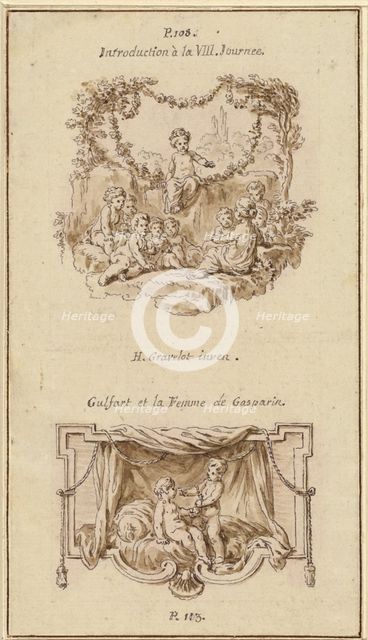 Nine Children Listening to a Girl Tell a Story; A Boy Handing a Purse to a Girl Seated..., c. 1757. Creator: Hubert Francois Gravelot.