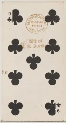 Nine Clubs (black), from the Playing Cards series (N84) for Duke brand cigarettes, 1888., 1888. Creator: Unknown
