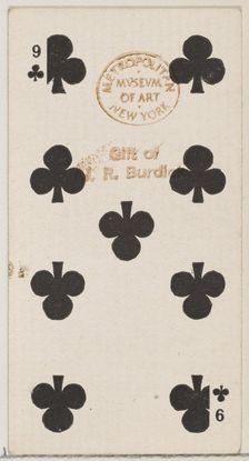 Nine Clubs (black), from the Playing Cards series (N84) for Duke brand cigarettes, 1888., 1888. Creator: Unknown