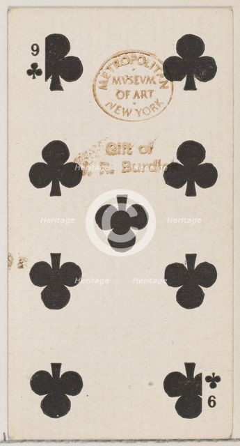Nine Clubs (black), from the Playing Cards series (N84) for Duke brand cigarettes, 1888., 1888. Creator: Unknown.