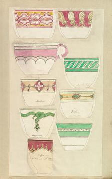 Nine Designs for Decorated Cups, 1845-55. Creator: Alfred Crowquill