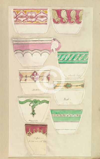 Nine Designs for Decorated Cups, 1845-55. Creator: Alfred Crowquill.