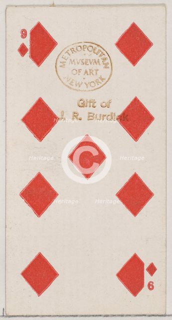 Nine Diamonds (red), from the Playing Cards series (N84) for Duke brand cigarettes, 1888., 1888. Creator: Unknown.