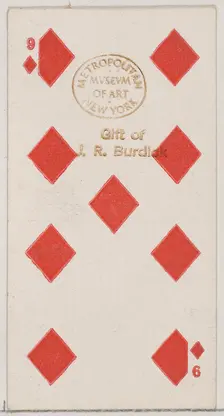 Nine Diamonds (red), from the Playing Cards series (N84) for Duke brand cigarettes, 1888., 1888. Creator: Unknown