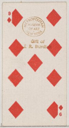 Nine Diamonds (red), from the Playing Cards series (N84) for Duke brand cigarettes, 1888., 1888. Creator: Unknown
