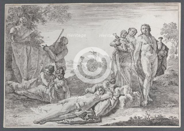 Nine Figures near a Herm of Pan, from "Bacchanals and Histories", 1744. Creator: Francesco Fontebasso.
