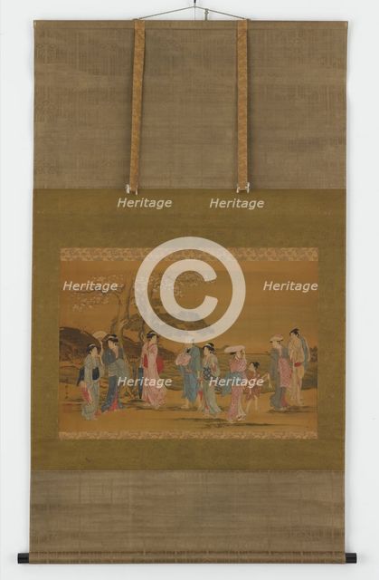 Nine people out to see cherry blossoms, Edo period, 1615-1868. Creator: Unknown.