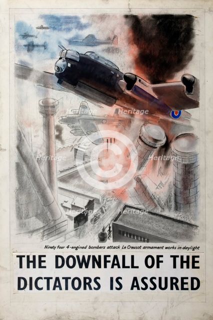 Ninety four 4-engined bombers attack Le Creusot armament works in daylight, between 1939 and 1946. Creators: Central Office of Information, Michael O'Connell.