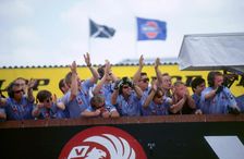 Nissan team celebrate victory 1998 British touring cars.