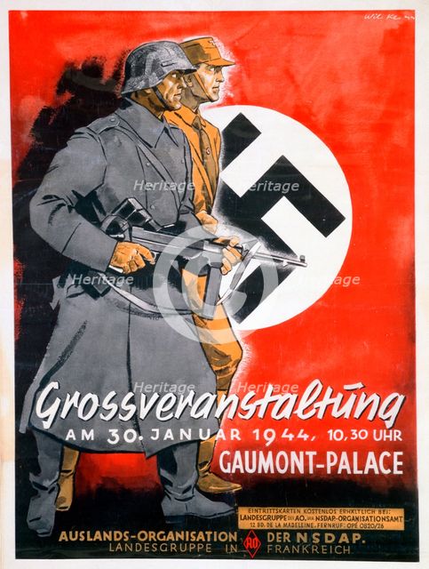 NSDAP poster for a meeting at the Gaumont Palace, France, 30th January 1944. Artist: Unknown