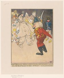 Nutcracker brandishes his sabre in front of a group of dolls, 1898. Creator: Willem Wenckebach