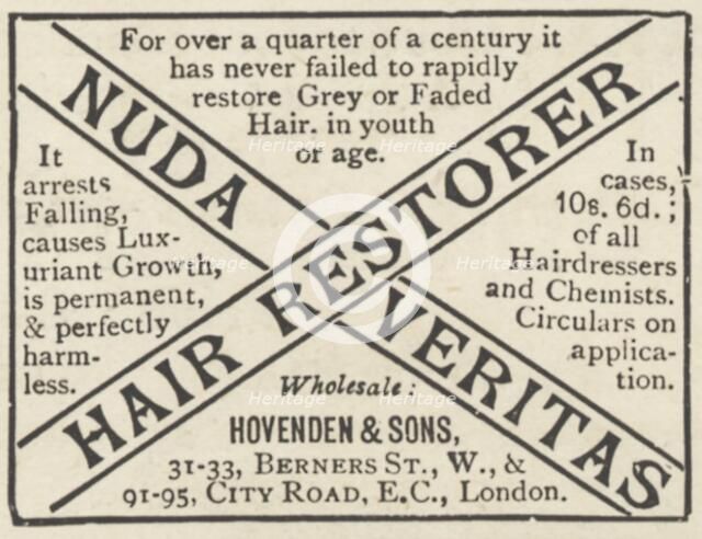 Nuda veritas hair restorer, 1893. Artist: Unknown