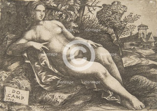 Nude woman (Venus) reclining in a landscape, 1517. Creator: Domenico Campagnola.