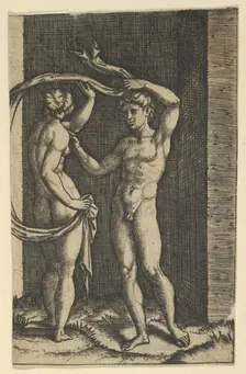 Nude woman viewed from behind holding fabric which blows behind her, looking at m..., ca. 1500-1534. Creator: Marcantonio Raimondi