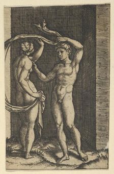 Nude woman viewed from behind holding fabric which blows behind her, looking at m..., ca. 1500-1534. Creator: Marcantonio Raimondi