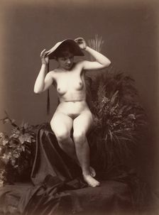 [Nude Woman with Hat in Studio], 1870s-90s. Creator: Unknown
