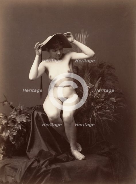 [Nude Woman with Hat in Studio], 1870s-90s. Creator: Unknown.